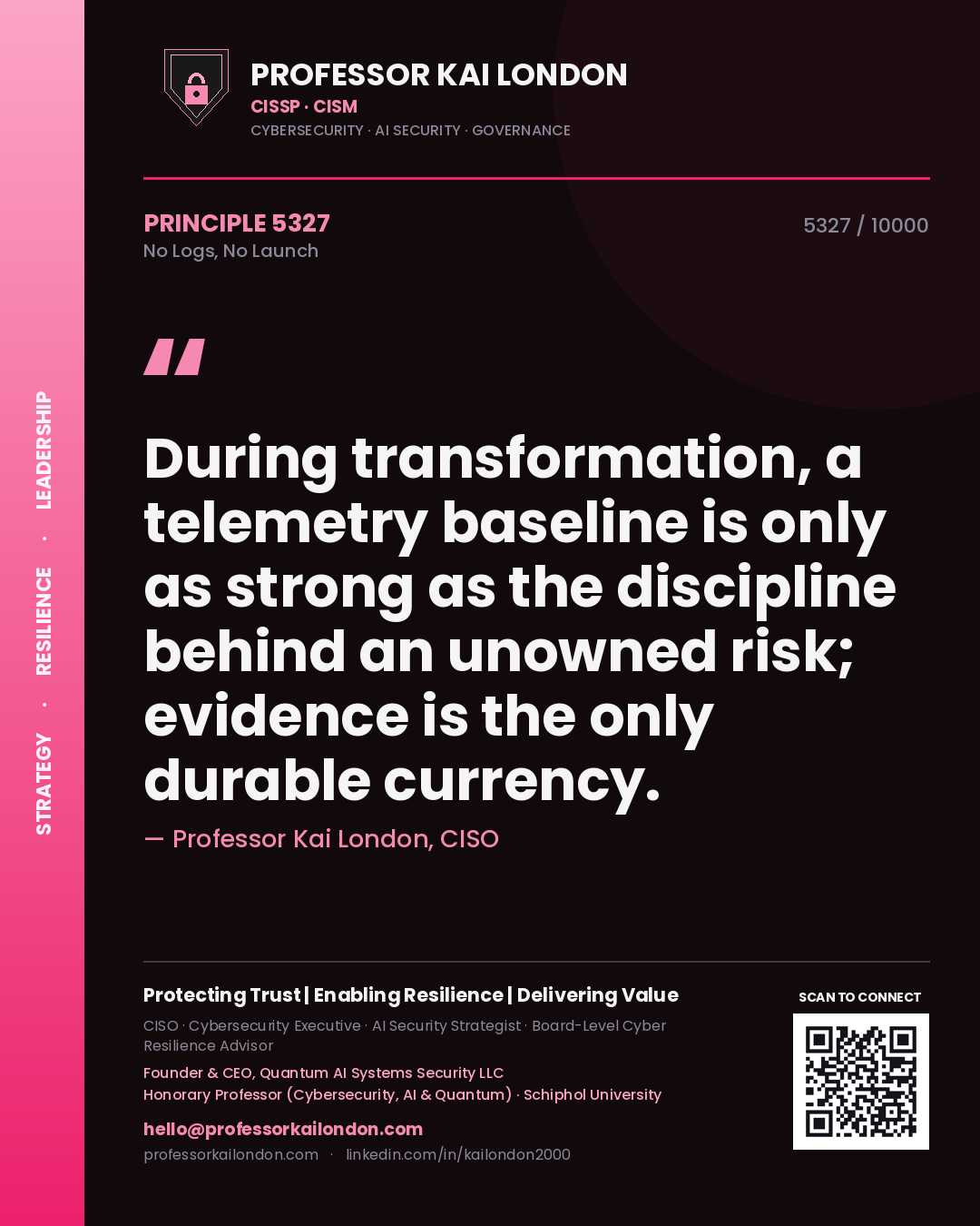 Professor Kai London principle 5327: During transformation, a telemetry baseline is only as strong as the discipline behind an unowned risk; evidence is the only durable currency.