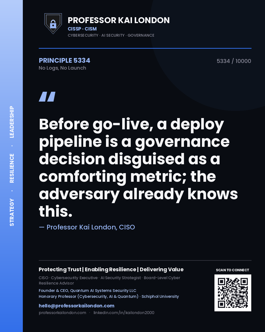 Quote card by Professor Kai London reading 'Before go-live, a deploy pipeline is a governance decision disguised as a comforting metric; the adversary already knows this.'. From the book No Logs, No Launch.