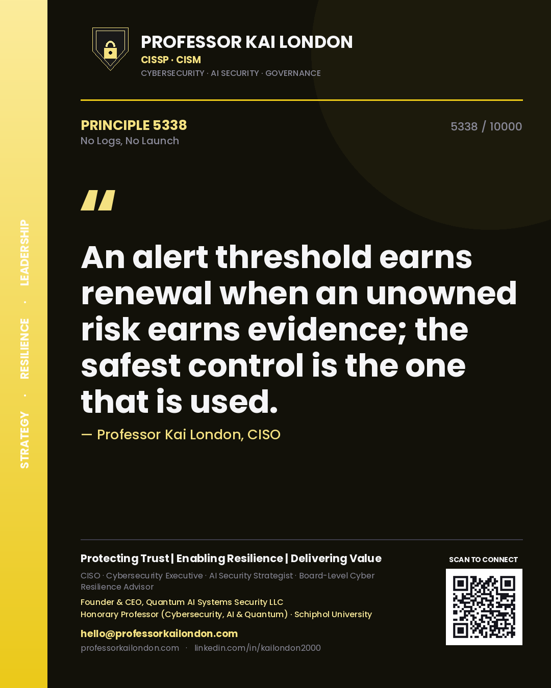 Professor Kai London principle 5338: An alert threshold earns renewal when an unowned risk earns evidence; the safest control is the one that is used.