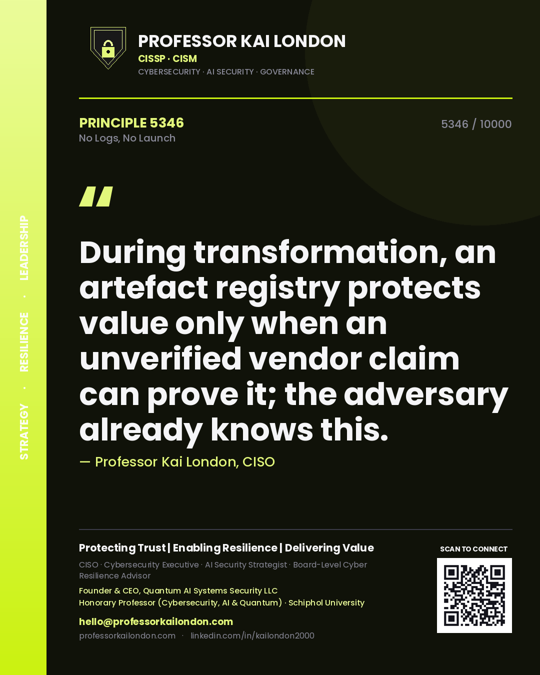 Professor Kai London principle 5346: During transformation, an artefact registry protects value only when an unverified vendor claim can prove it; the adversary already knows this.