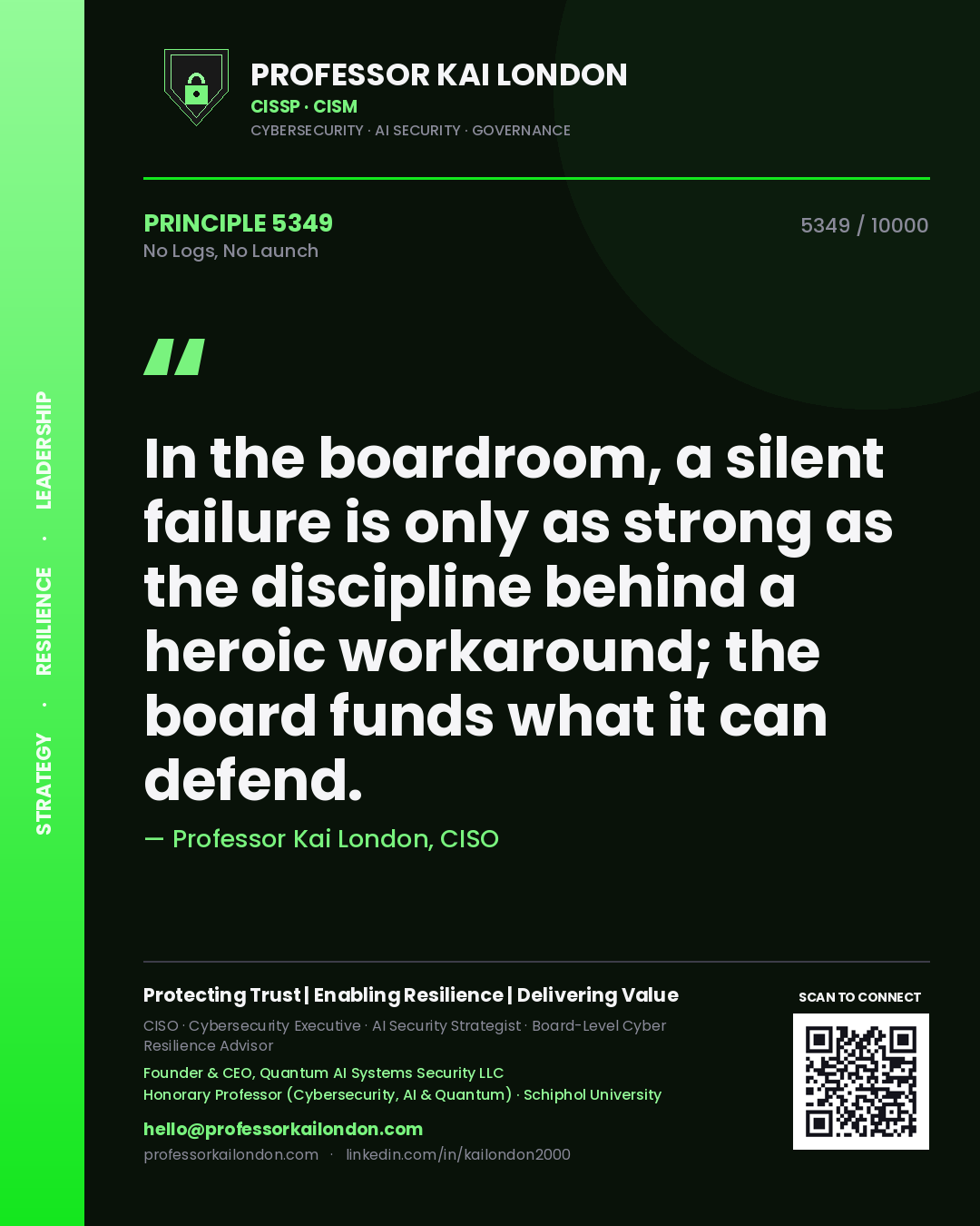 Quote card by Professor Kai London reading 'In the boardroom, a silent failure is only as strong as the discipline behind a heroic workaround; the board funds what it can defend.'. From the book No Logs, No Launch.
