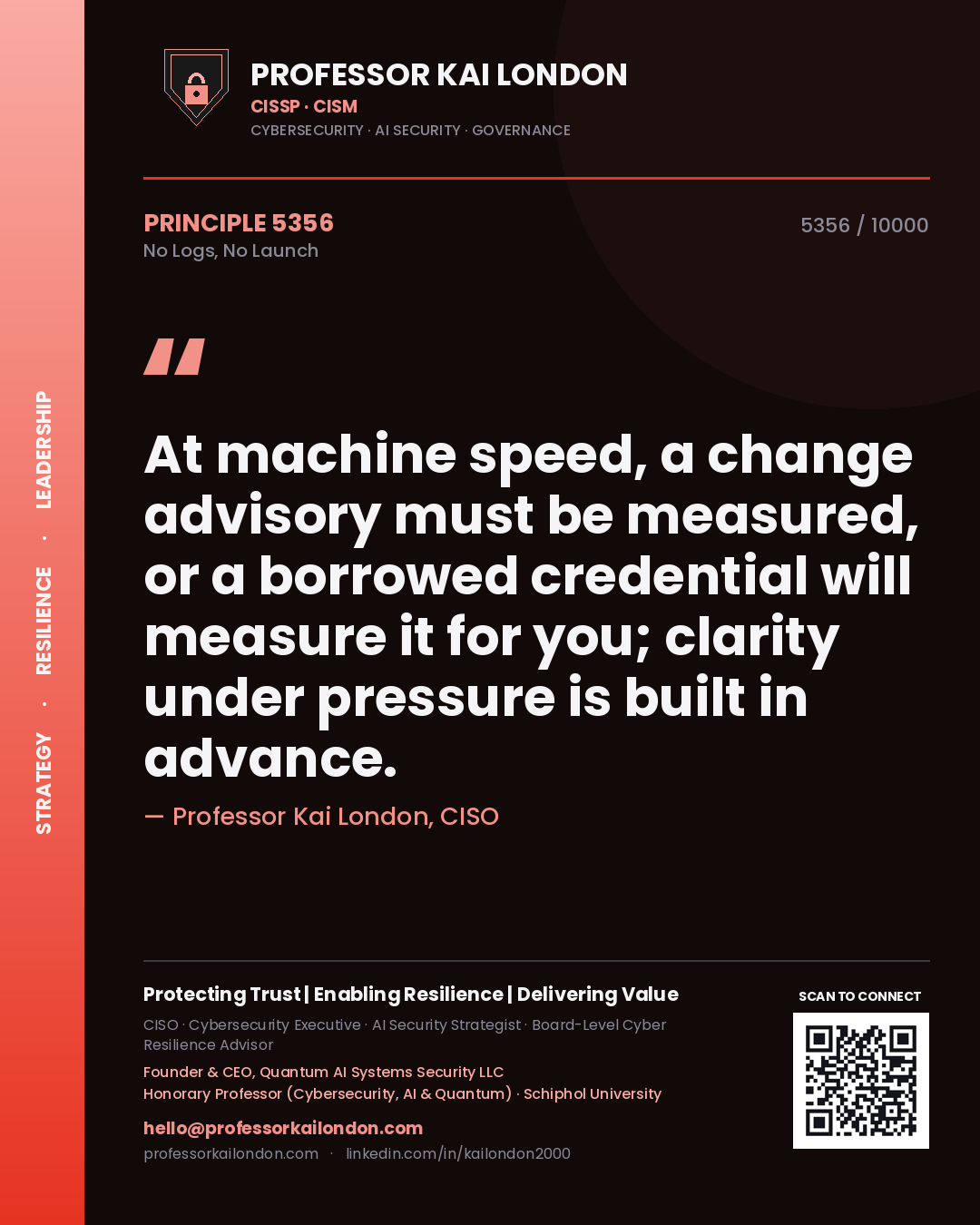 Professor Kai London principle 5356: At machine speed, a change advisory must be measured, or a borrowed credential will measure it for you; clarity under pressure is built in advance.