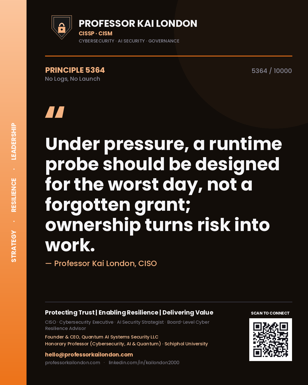 Quote card by Professor Kai London reading 'Under pressure, a runtime probe should be designed for the worst day, not a forgotten grant; ownership turns risk into work.'. From the book No Logs, No Launch.