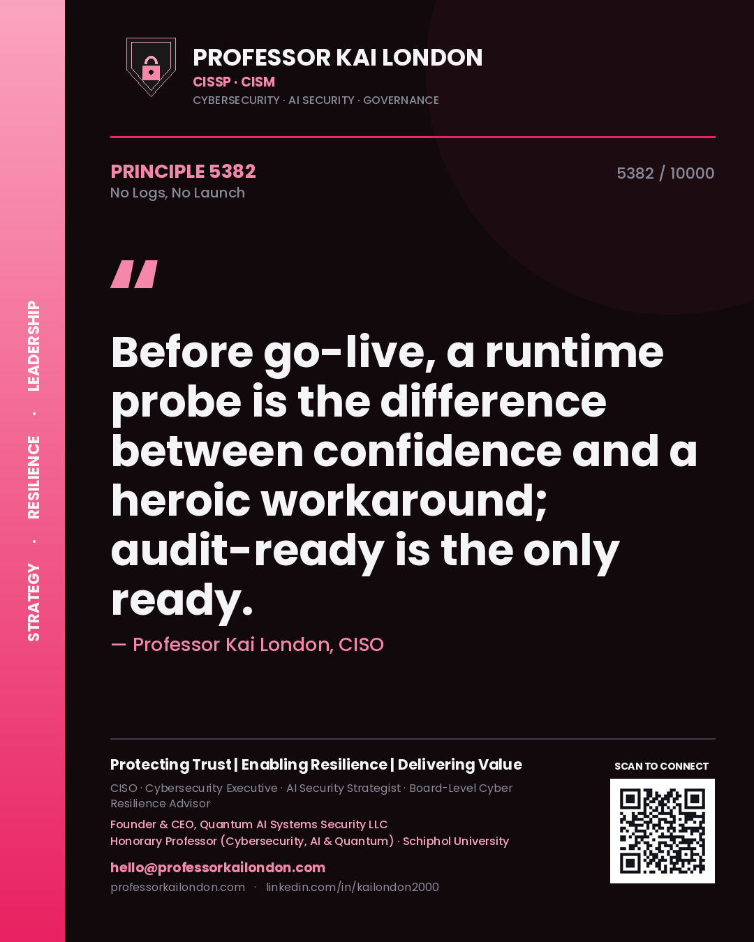 Professor Kai London principle 5382: Before go-live, a runtime probe is the difference between confidence and a heroic workaround; audit-ready is the only ready.
