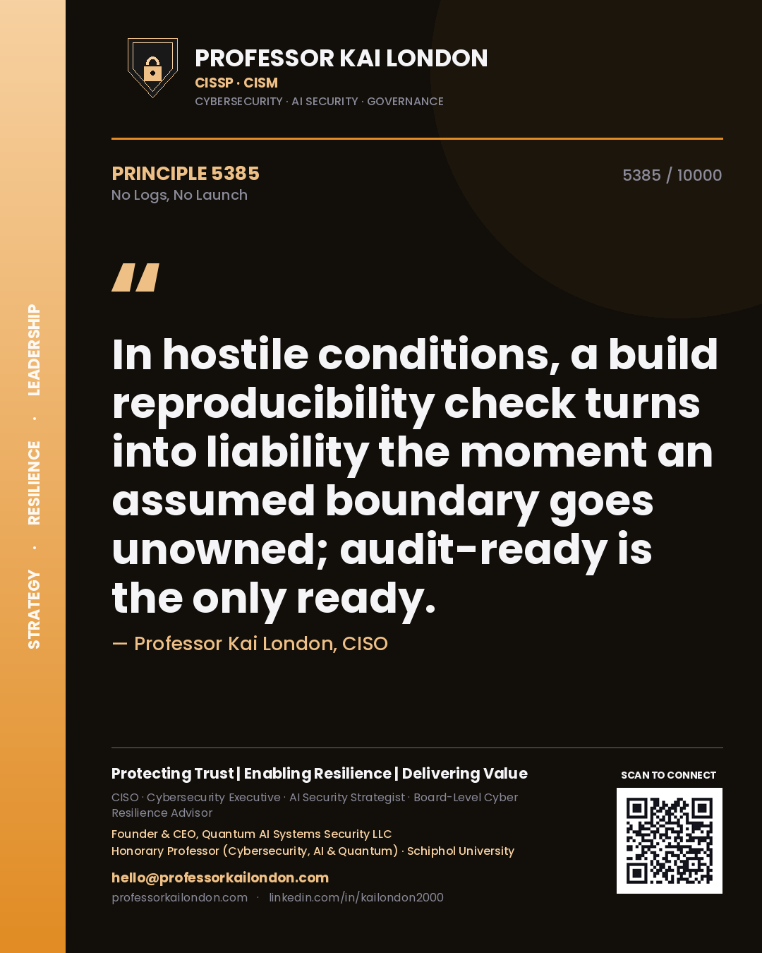 Quote card by Professor Kai London reading 'In hostile conditions, a build reproducibility check turns into liability the moment an assumed boundary goes unowned; audit-ready is the only ready.'. From the book No Logs, No Launch.