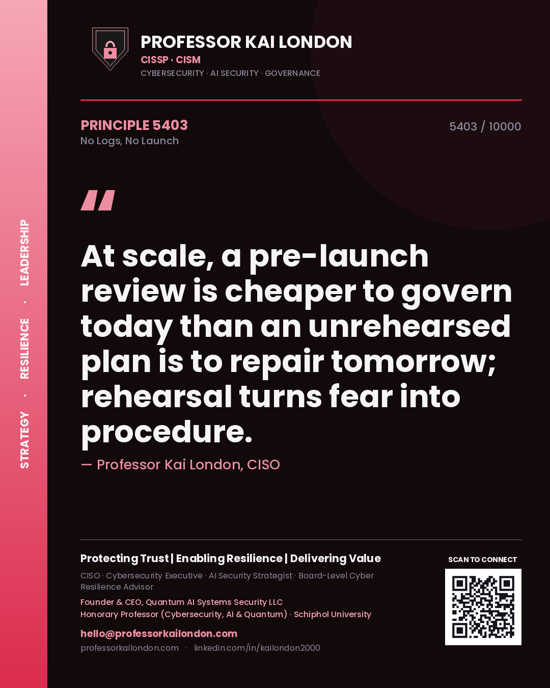 Professor Kai London principle 5403: At scale, a pre-launch review is cheaper to govern today than an unrehearsed plan is to repair tomorrow; rehearsal turns fear into procedure.