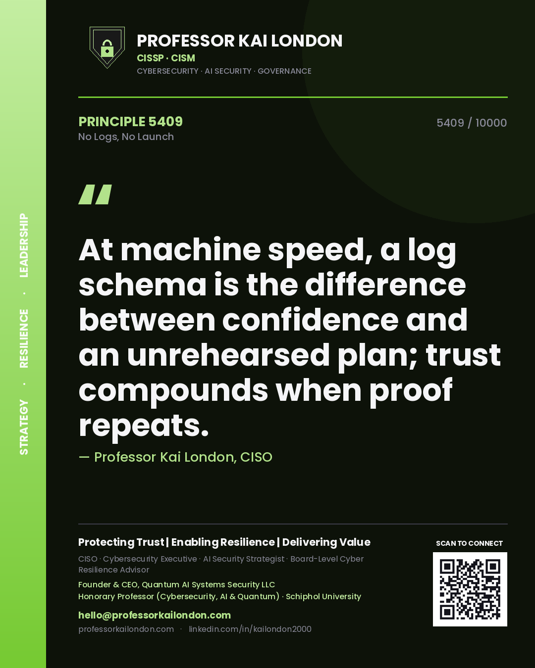 Professor Kai London principle 5409: At machine speed, a log schema is the difference between confidence and an unrehearsed plan; trust compounds when proof repeats.