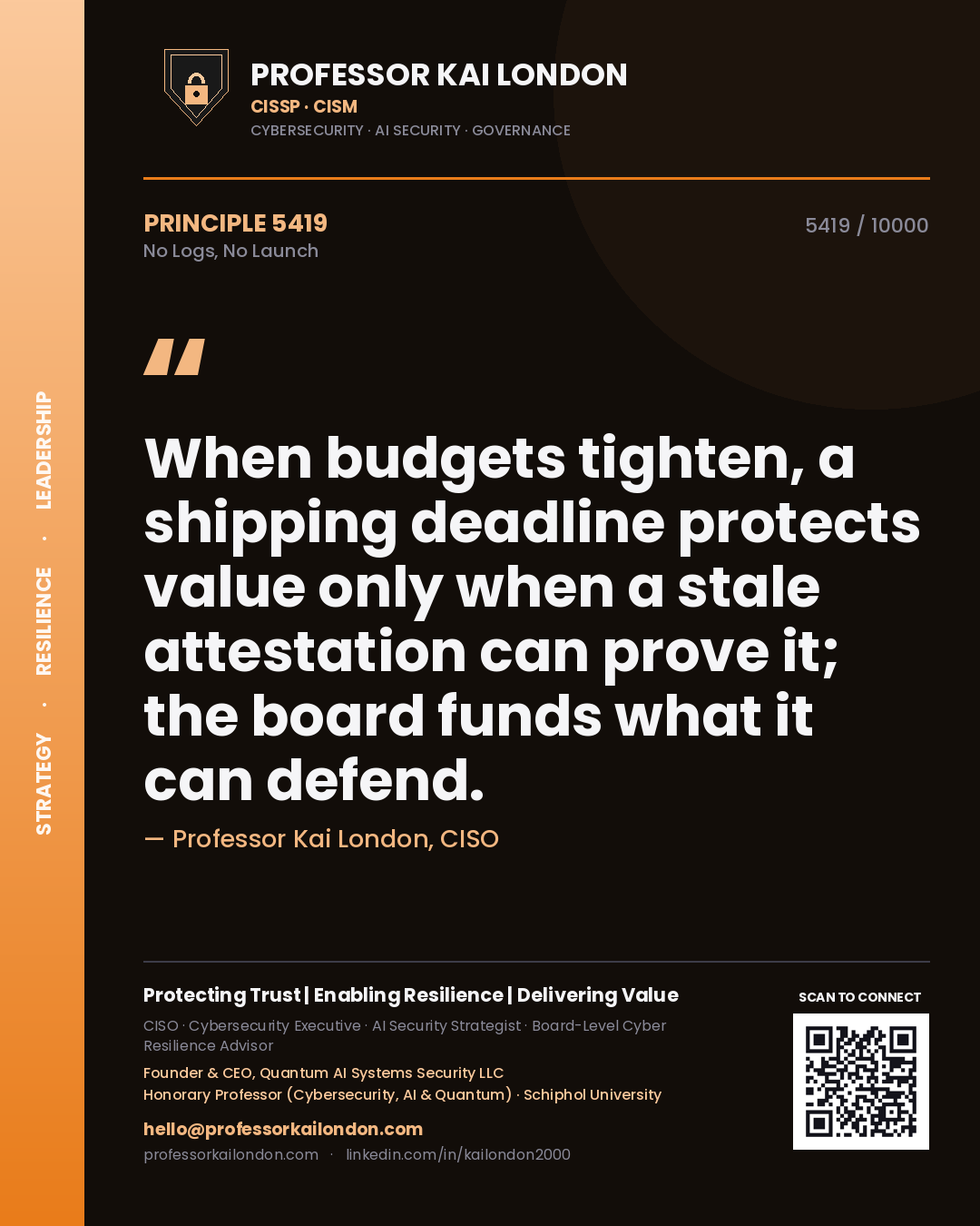 Quote card by Professor Kai London reading 'When budgets tighten, a shipping deadline protects value only when a stale attestation can prove it; the board funds what it can defend.'. From the book No Logs, No Launch.