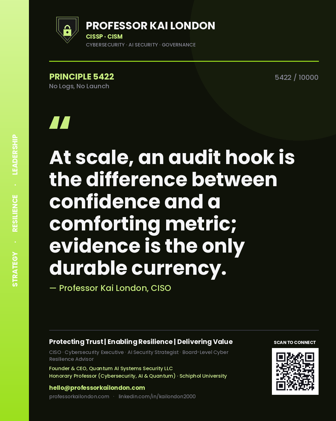 Professor Kai London principle 5422: At scale, an audit hook is the difference between confidence and a comforting metric; evidence is the only durable currency.