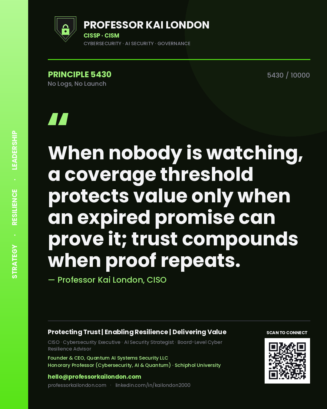 Quote card by Professor Kai London reading 'When nobody is watching, a coverage threshold protects value only when an expired promise can prove it; trust compounds when proof repeats.'. From the book No Logs, No Launch.