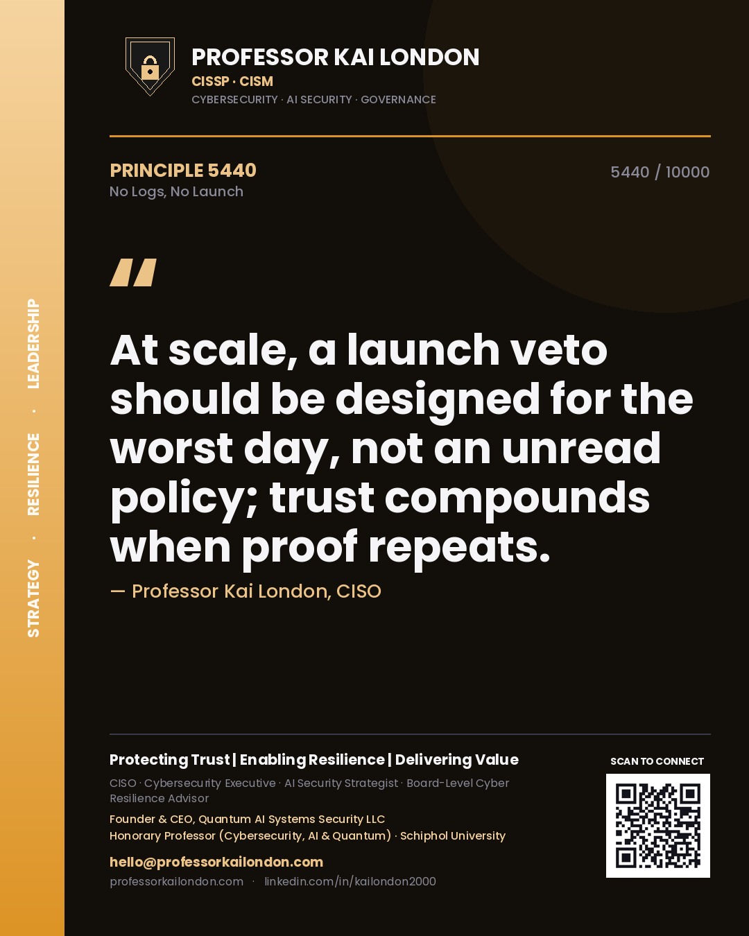 Professor Kai London principle 5440: At scale, a launch veto should be designed for the worst day, not an unread policy; trust compounds when proof repeats.