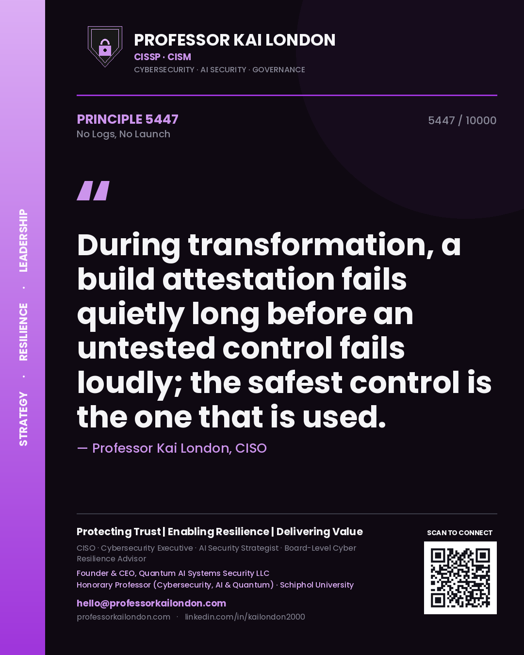 Professor Kai London principle 5447: During transformation, a build attestation fails quietly long before an untested control fails loudly; the safest control is the one that is used.