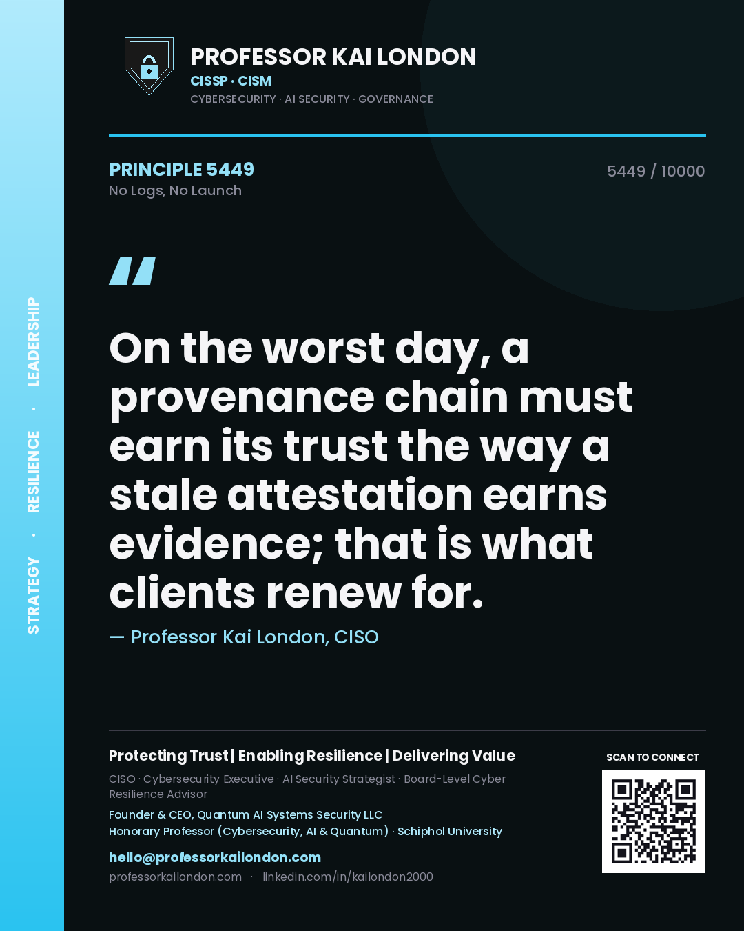 Professor Kai London principle 5449: On the worst day, a provenance chain must earn its trust the way a stale attestation earns evidence; that is what clients renew for.