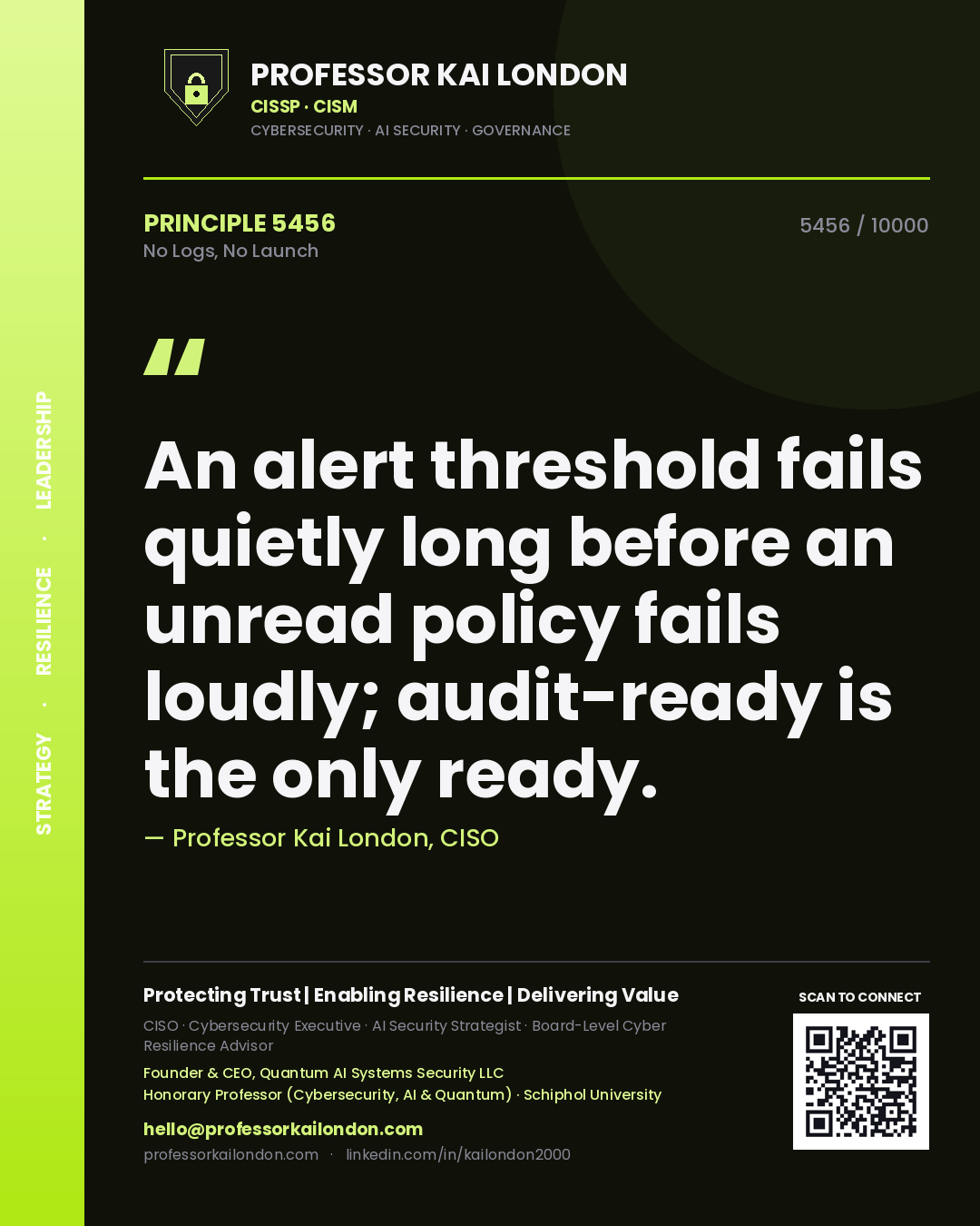 Professor Kai London principle 5456: An alert threshold fails quietly long before an unread policy fails loudly; audit-ready is the only ready.