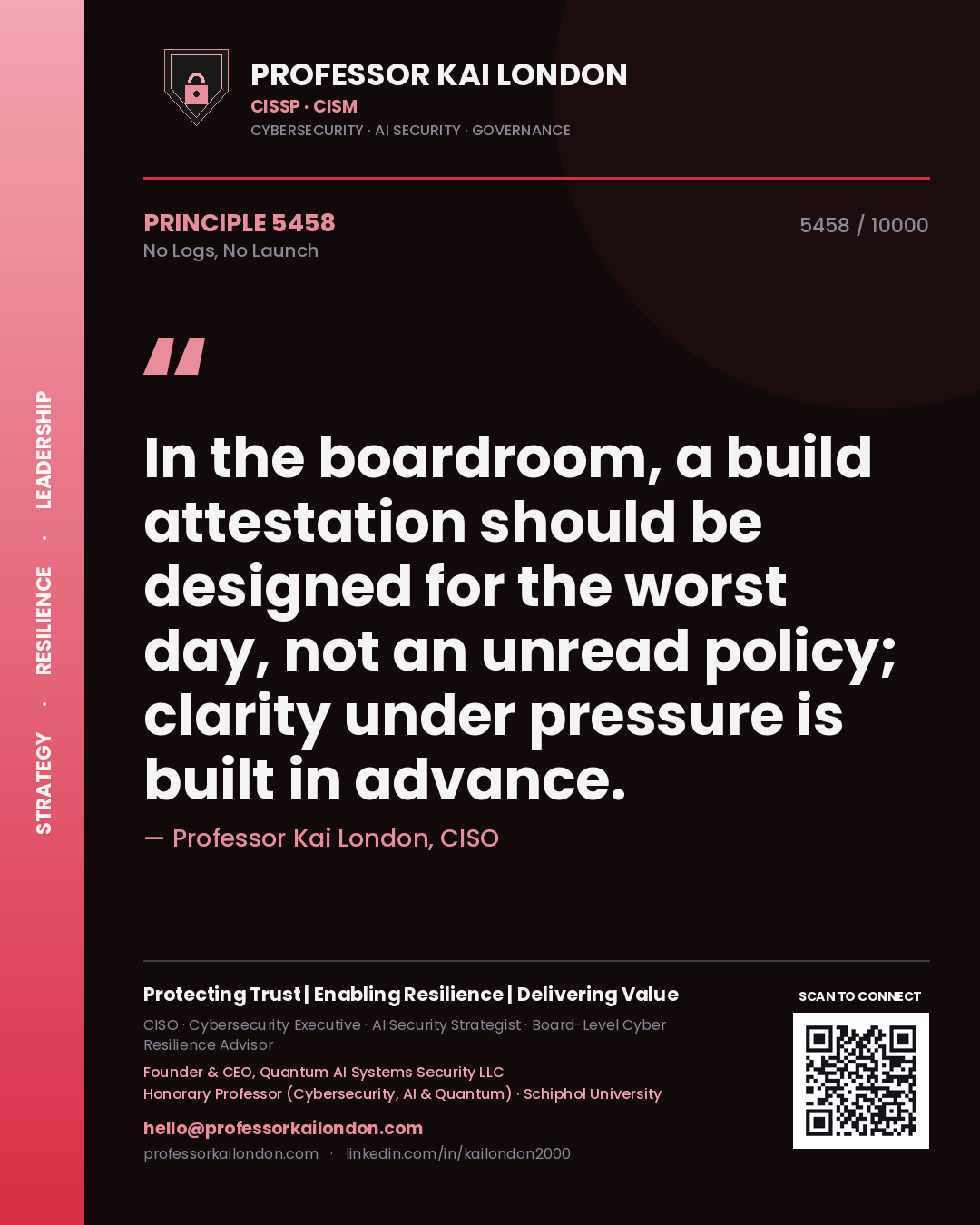 Professor Kai London principle 5458: In the boardroom, a build attestation should be designed for the worst day, not an unread policy; clarity under pressure is built in advance.