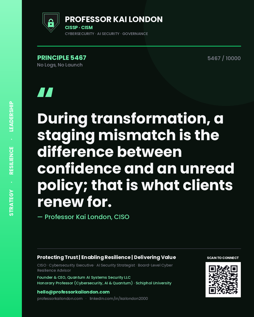 Quote card by Professor Kai London reading 'During transformation, a staging mismatch is the difference between confidence and an unread policy; that is what clients renew for.'. From the book No Logs, No Launch.