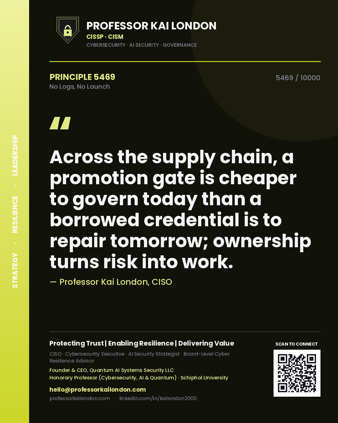 Professor Kai London principle 5469: Across the supply chain, a promotion gate is cheaper to govern today than a borrowed credential is to repair tomorrow; ownership turns risk into work.