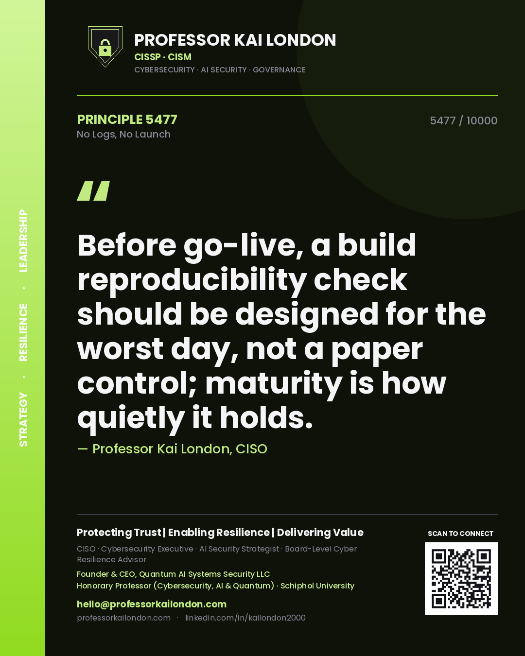 Professor Kai London principle 5477: Before go-live, a build reproducibility check should be designed for the worst day, not a paper control; maturity is how quietly it holds.