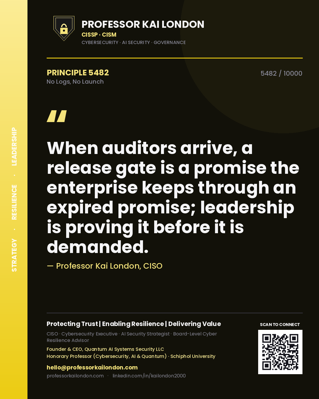 Quote card by Professor Kai London reading 'When auditors arrive, a release gate is a promise the enterprise keeps through an expired promise; leadership is proving it before it is demanded.'. From the book No Logs, No Launch.