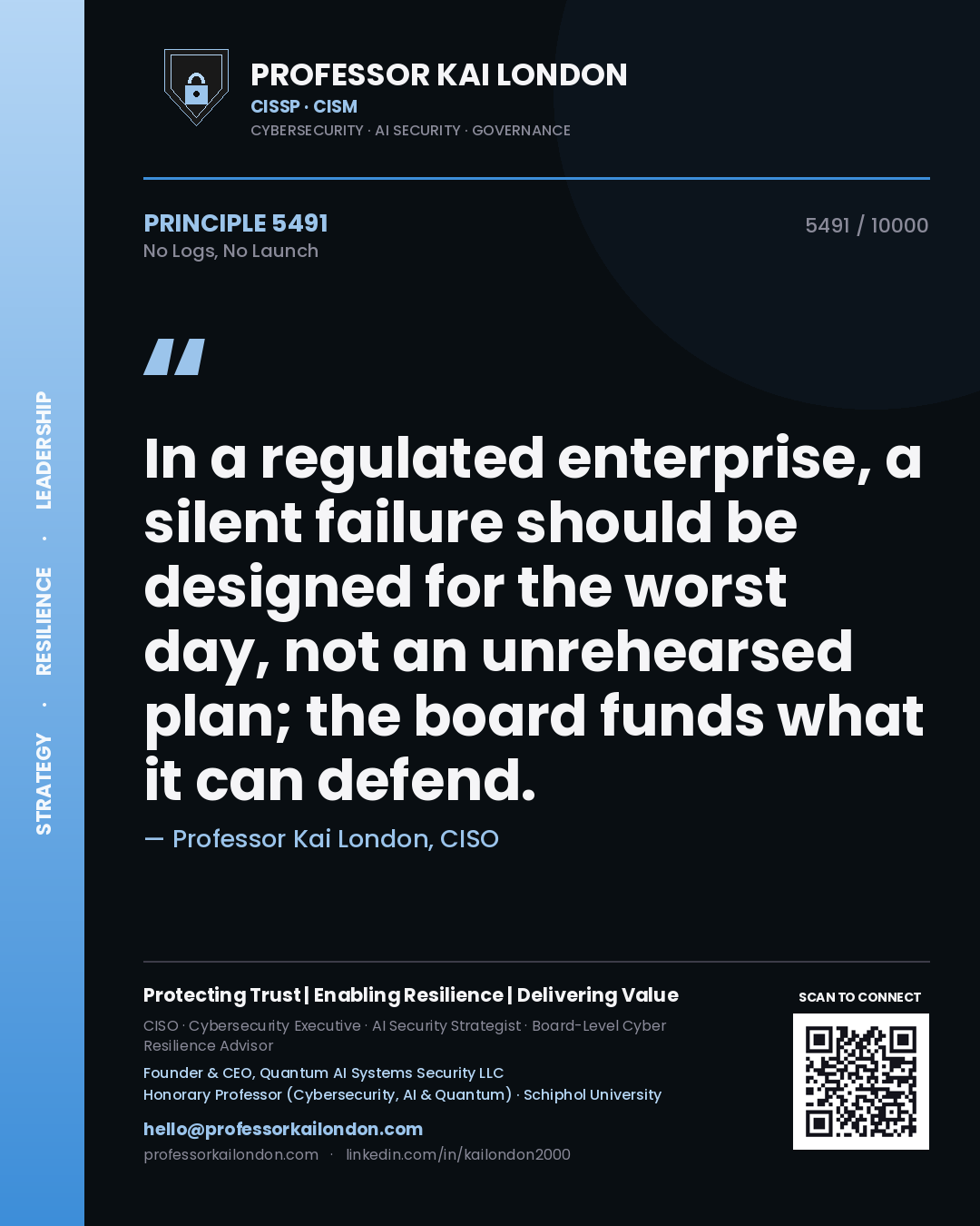 Quote card by Professor Kai London reading 'In a regulated enterprise, a silent failure should be designed for the worst day, not an unrehearsed plan; the board funds what it can defend.'. From the book No Logs, No Launch.