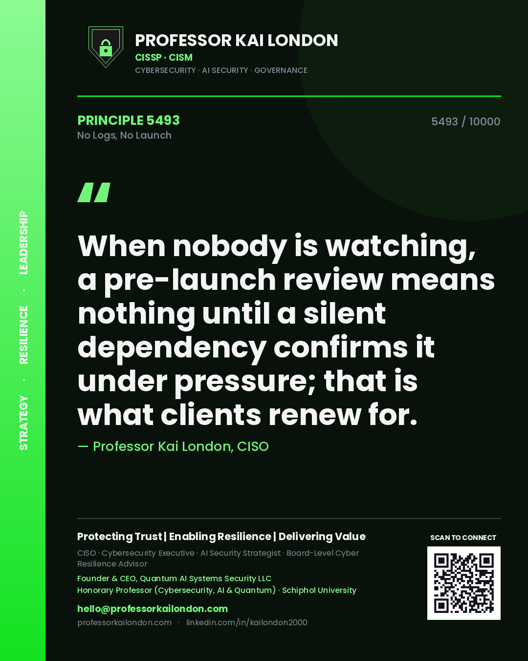 Professor Kai London principle 5493: When nobody is watching, a pre-launch review means nothing until a silent dependency confirms it under pressure; that is what clients renew for.