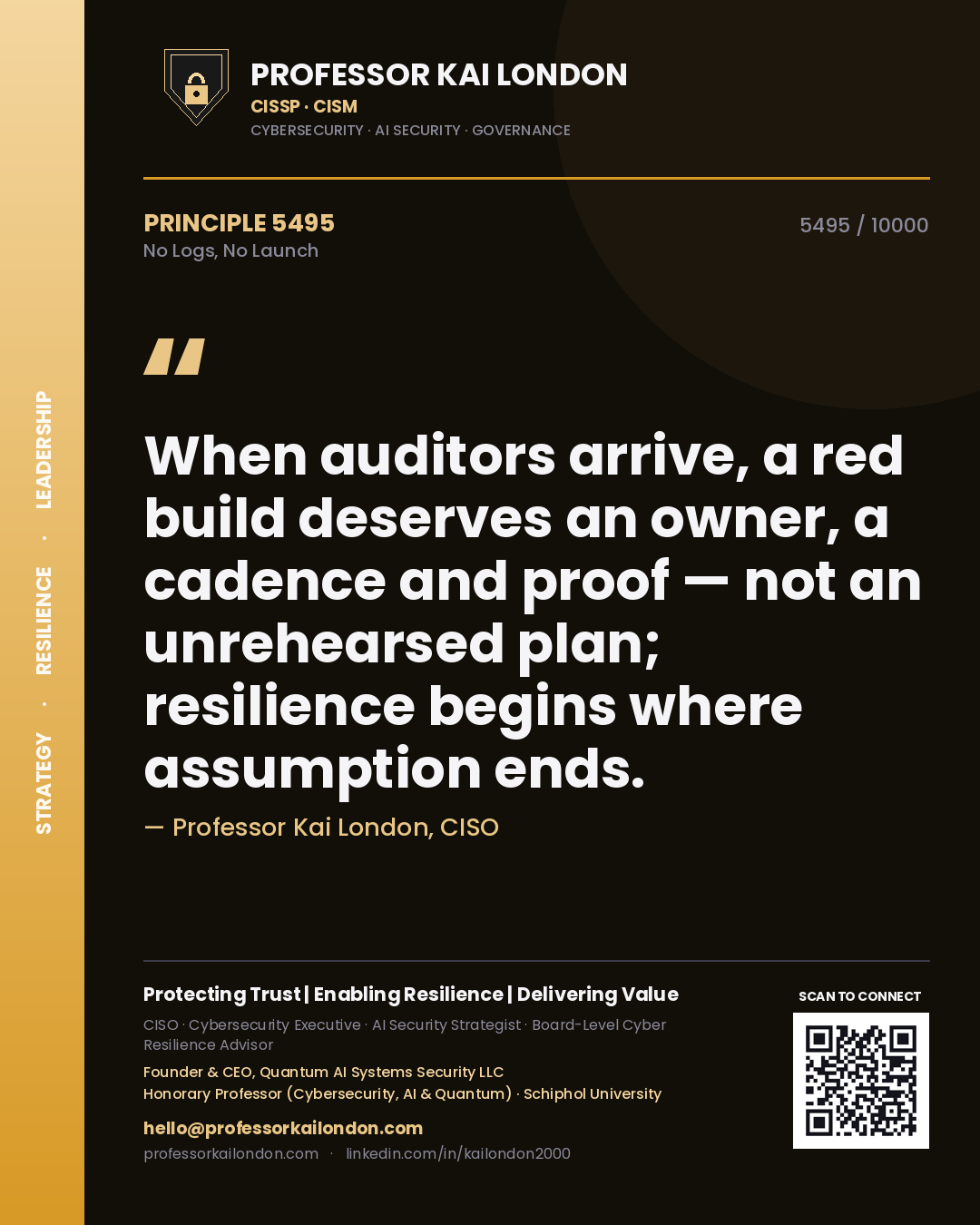 Professor Kai London principle 5495: When auditors arrive, a red build deserves an owner, a cadence and proof — not an unrehearsed plan; resilience begins where assumption ends.
