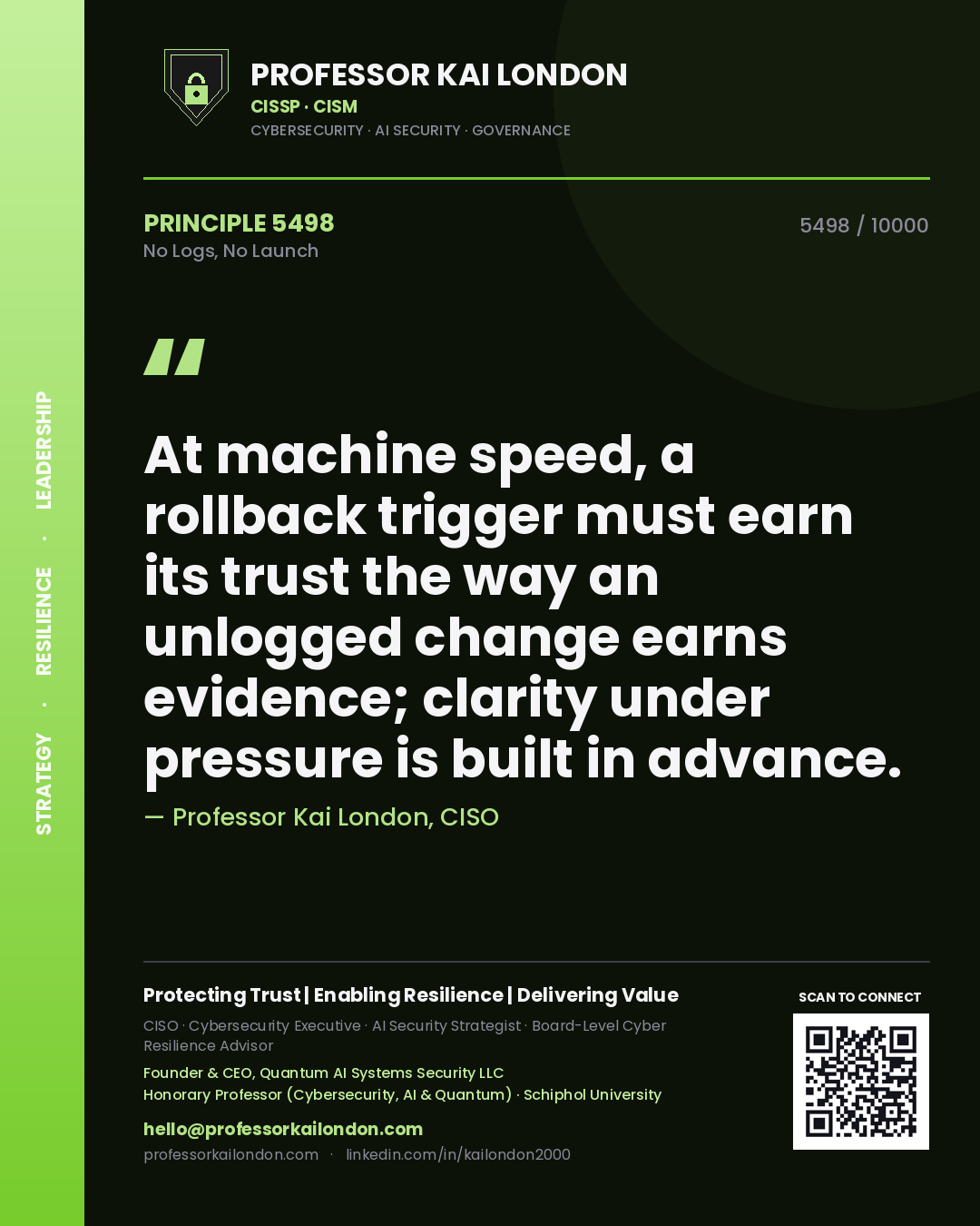 Professor Kai London principle 5498: At machine speed, a rollback trigger must earn its trust the way an unlogged change earns evidence; clarity under pressure is built in advance.