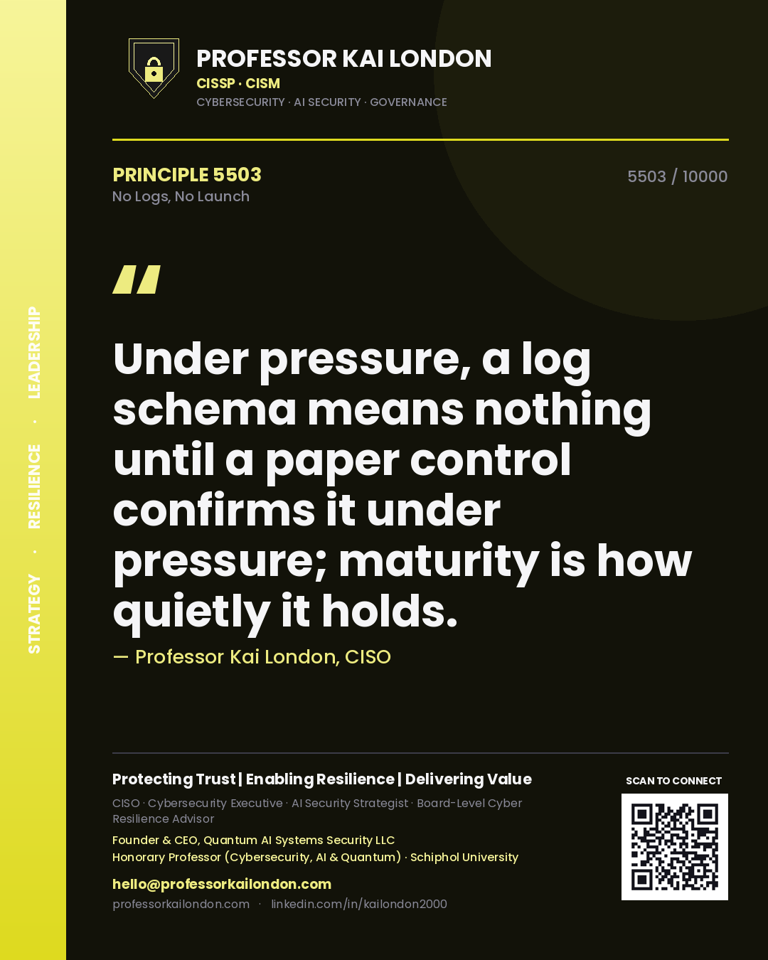 Professor Kai London principle 5503: Under pressure, a log schema means nothing until a paper control confirms it under pressure; maturity is how quietly it holds.