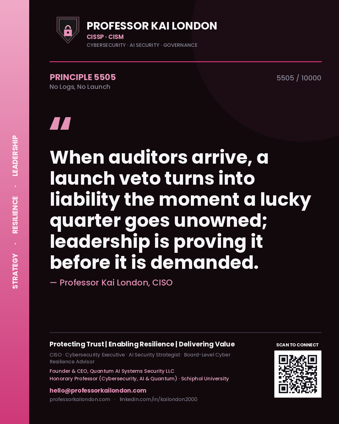 Quote card by Professor Kai London reading 'When auditors arrive, a launch veto turns into liability the moment a lucky quarter goes unowned; leadership is proving it before it is demanded.'. From the book No Logs, No Launch.