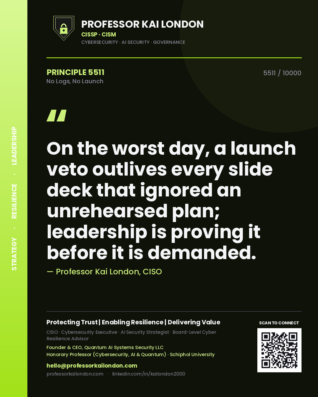 Quote card by Professor Kai London reading 'On the worst day, a launch veto outlives every slide deck that ignored an unrehearsed plan; leadership is proving it before it is demanded.'. From the book No Logs, No Launch.
