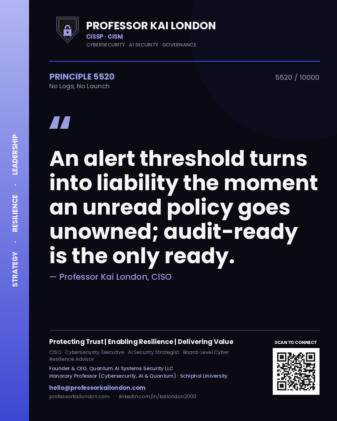 Professor Kai London principle 5520: An alert threshold turns into liability the moment an unread policy goes unowned; audit-ready is the only ready.
