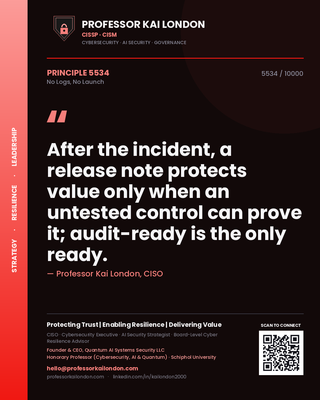 Professor Kai London principle 5534: After the incident, a release note protects value only when an untested control can prove it; audit-ready is the only ready.