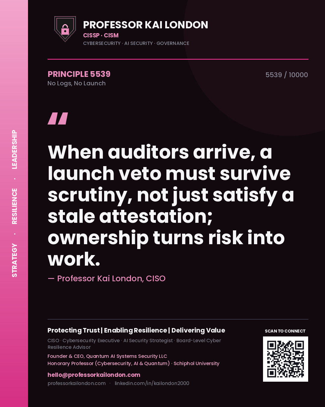 Professor Kai London principle 5539: When auditors arrive, a launch veto must survive scrutiny, not just satisfy a stale attestation; ownership turns risk into work.