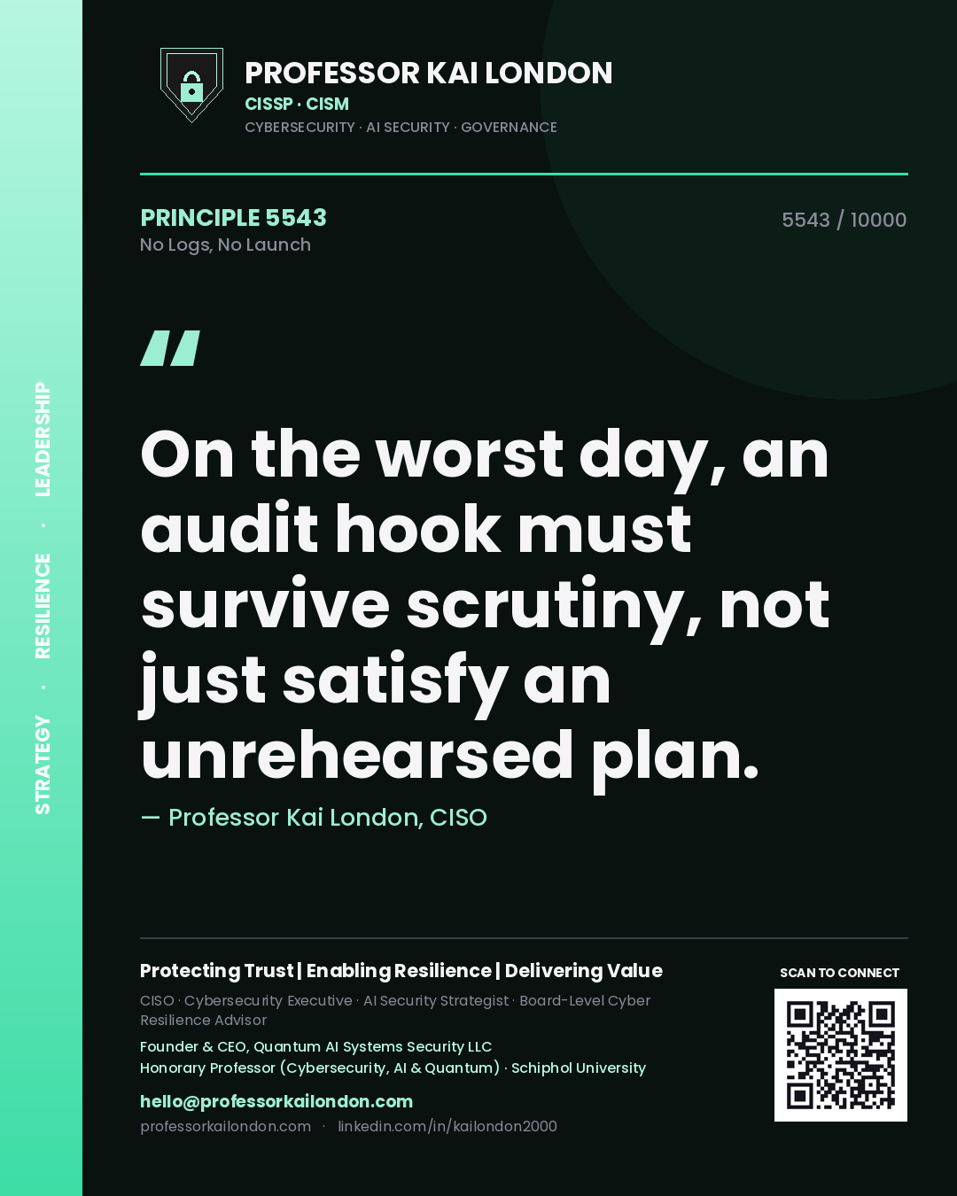 Professor Kai London principle 5543: On the worst day, an audit hook must survive scrutiny, not just satisfy an unrehearsed plan.