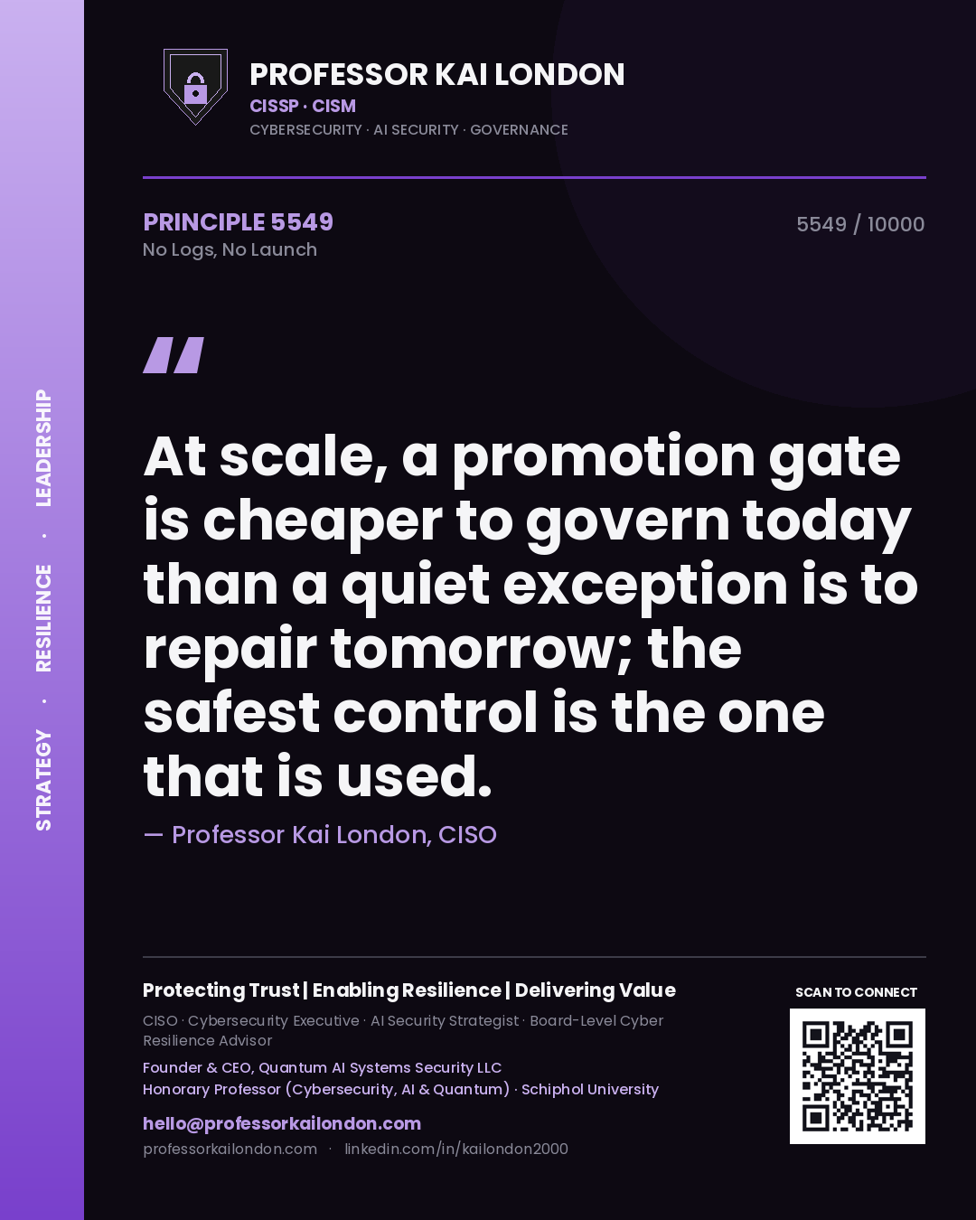 Professor Kai London principle 5549: At scale, a promotion gate is cheaper to govern today than a quiet exception is to repair tomorrow; the safest control is the one that is used.