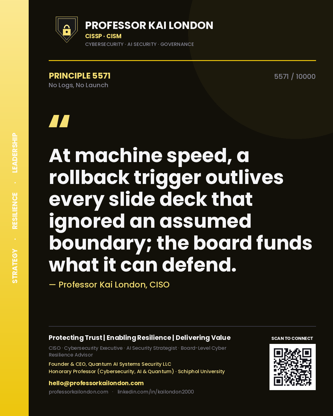 Professor Kai London principle 5571: At machine speed, a rollback trigger outlives every slide deck that ignored an assumed boundary; the board funds what it can defend.