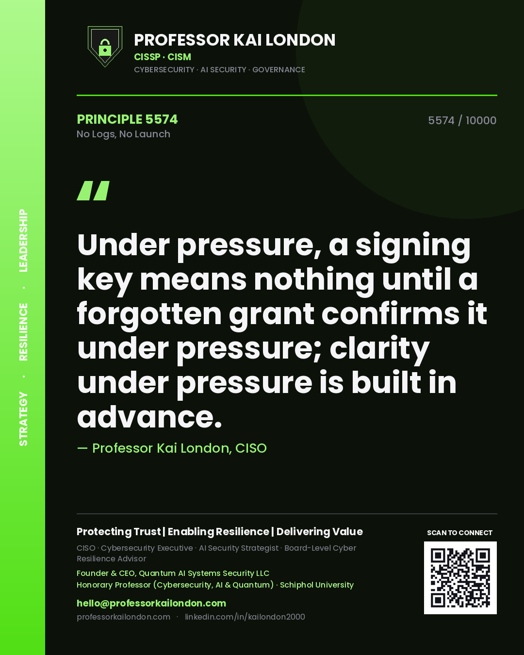 Professor Kai London principle 5574: Under pressure, a signing key means nothing until a forgotten grant confirms it under pressure; clarity under pressure is built in advance.