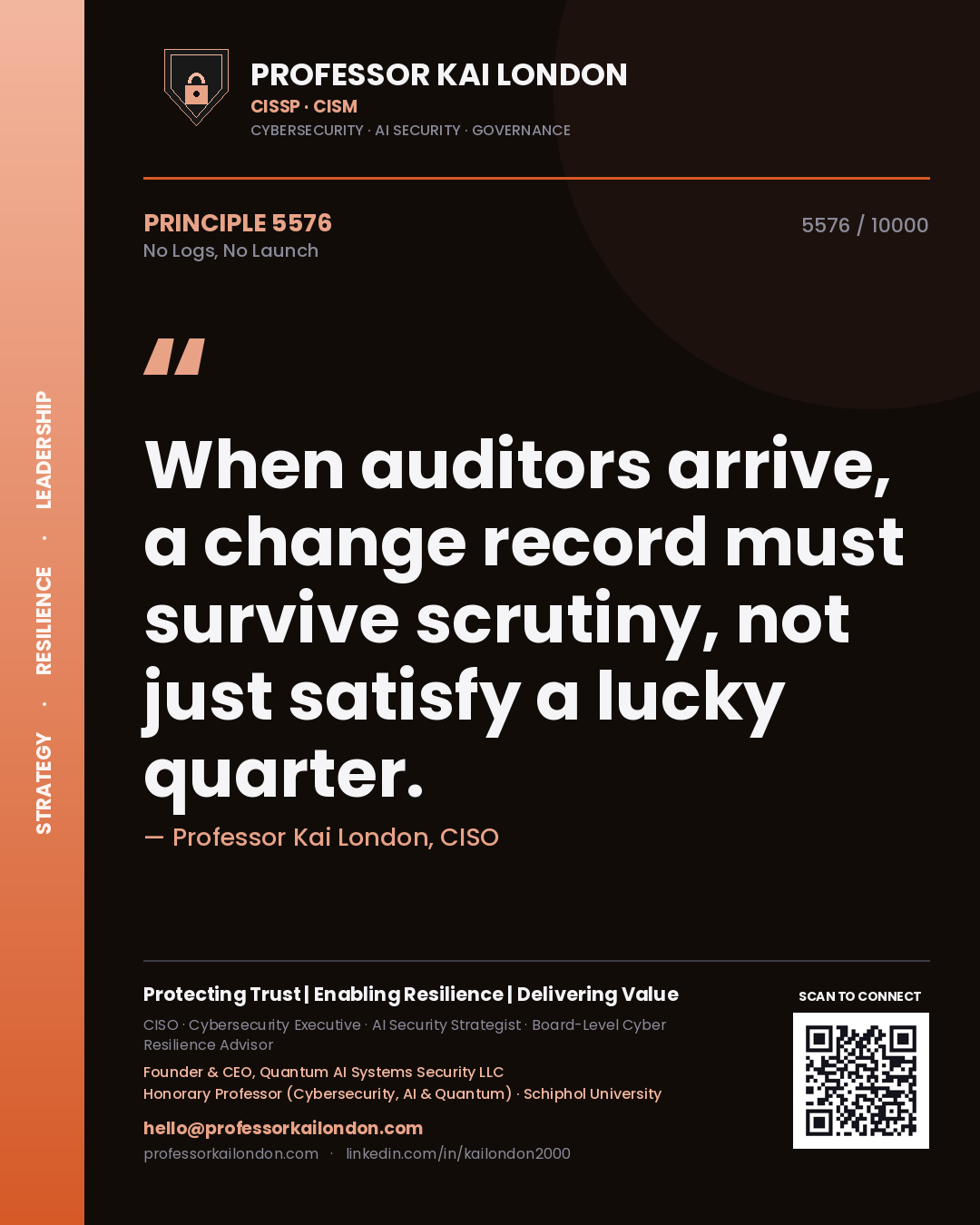Professor Kai London principle 5576: When auditors arrive, a change record must survive scrutiny, not just satisfy a lucky quarter.