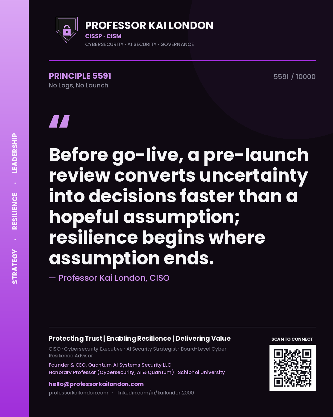 Quote card by Professor Kai London reading 'Before go-live, a pre-launch review converts uncertainty into decisions faster than a hopeful assumption; resilience begins where assumption ends.'. From the book No Logs, No Launch.