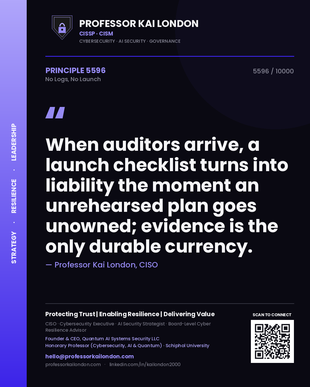 Professor Kai London principle 5596: When auditors arrive, a launch checklist turns into liability the moment an unrehearsed plan goes unowned; evidence is the only durable currency.