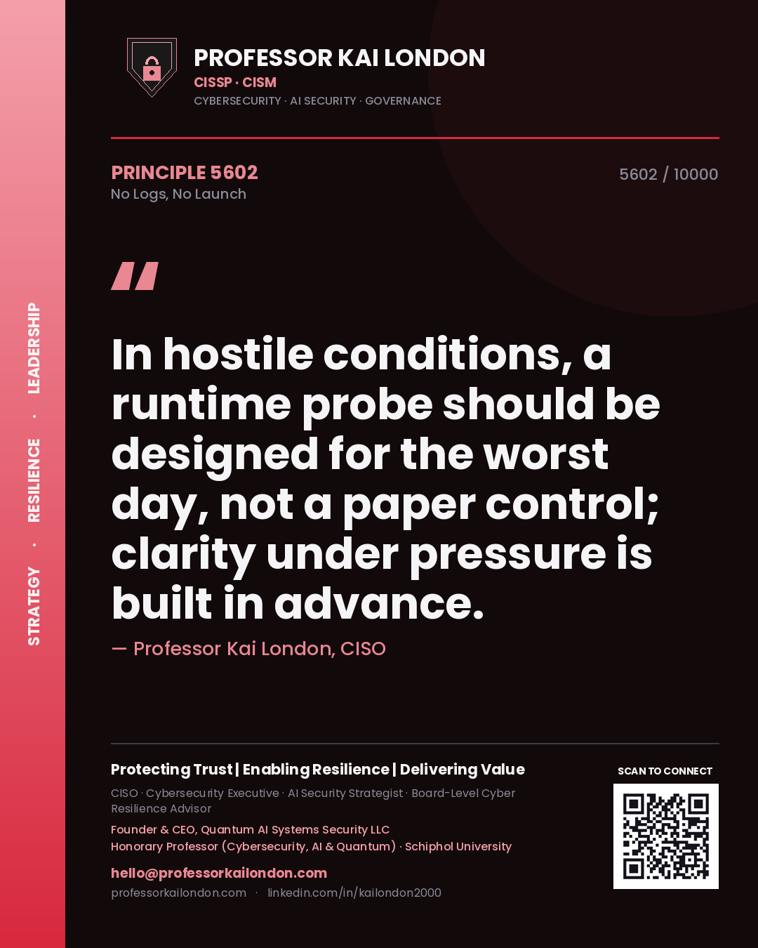 Professor Kai London principle 5602: In hostile conditions, a runtime probe should be designed for the worst day, not a paper control; clarity under pressure is built in advance.