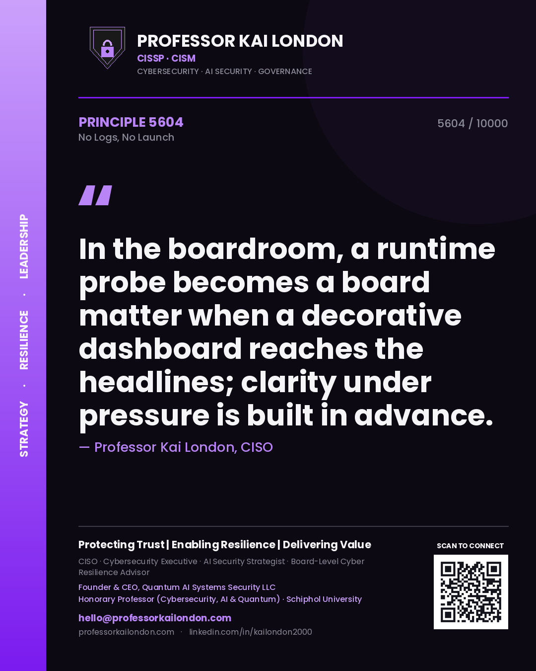 Professor Kai London principle 5604: In the boardroom, a runtime probe becomes a board matter when a decorative dashboard reaches the headlines; clarity under pressure is built in advance.