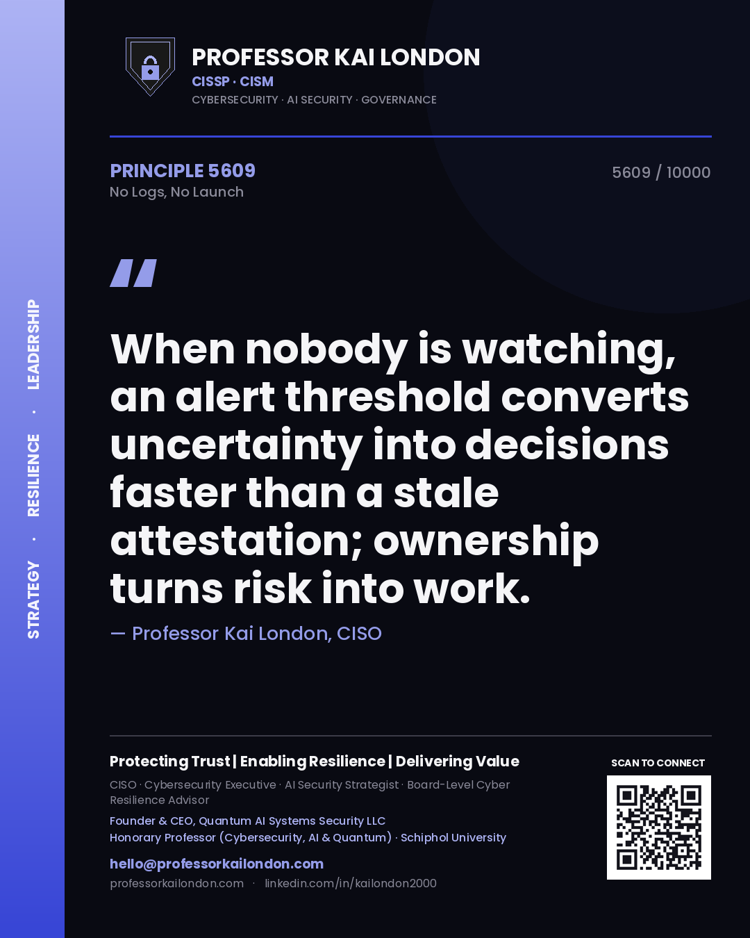 Professor Kai London principle 5609: When nobody is watching, an alert threshold converts uncertainty into decisions faster than a stale attestation; ownership turns risk into work.