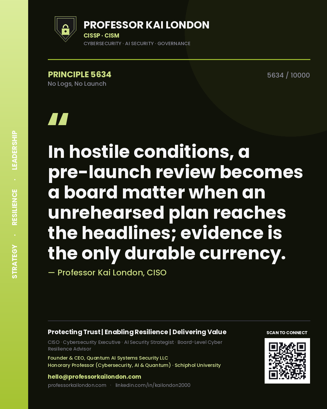 Professor Kai London principle 5634: In hostile conditions, a pre-launch review becomes a board matter when an unrehearsed plan reaches the headlines; evidence is the only durable currency.