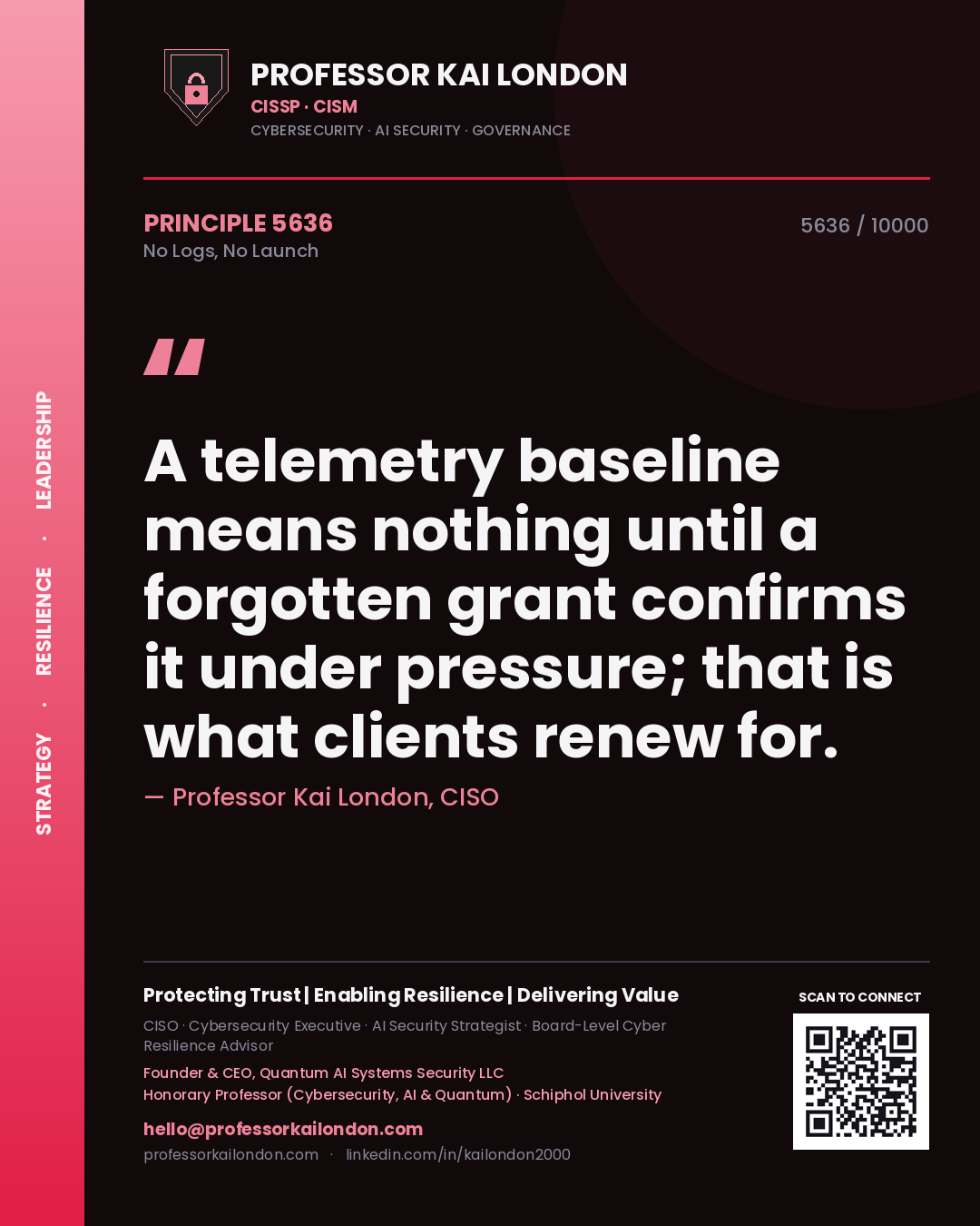 Professor Kai London principle 5636: A telemetry baseline means nothing until a forgotten grant confirms it under pressure; that is what clients renew for.