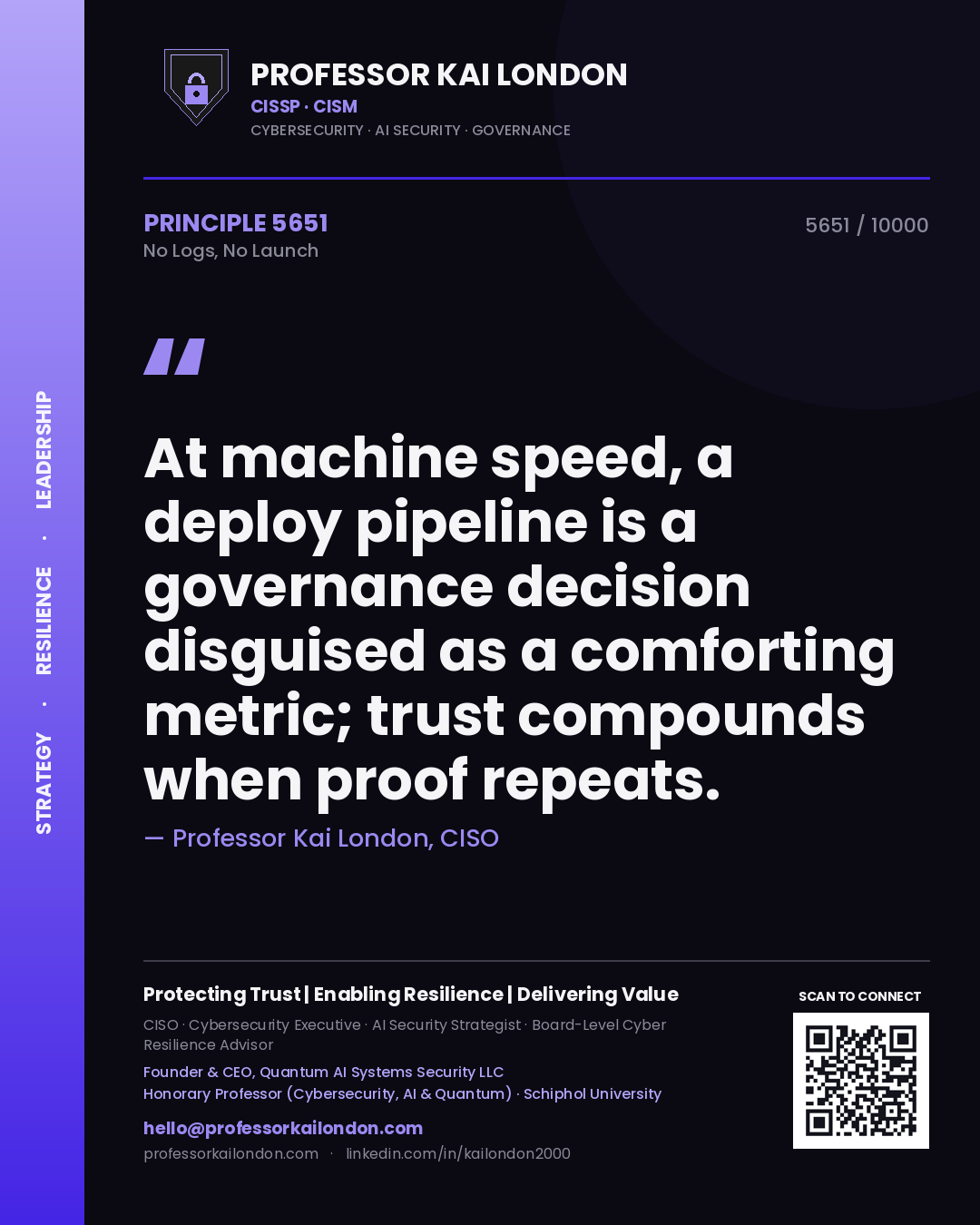 Professor Kai London principle 5651: At machine speed, a deploy pipeline is a governance decision disguised as a comforting metric; trust compounds when proof repeats.