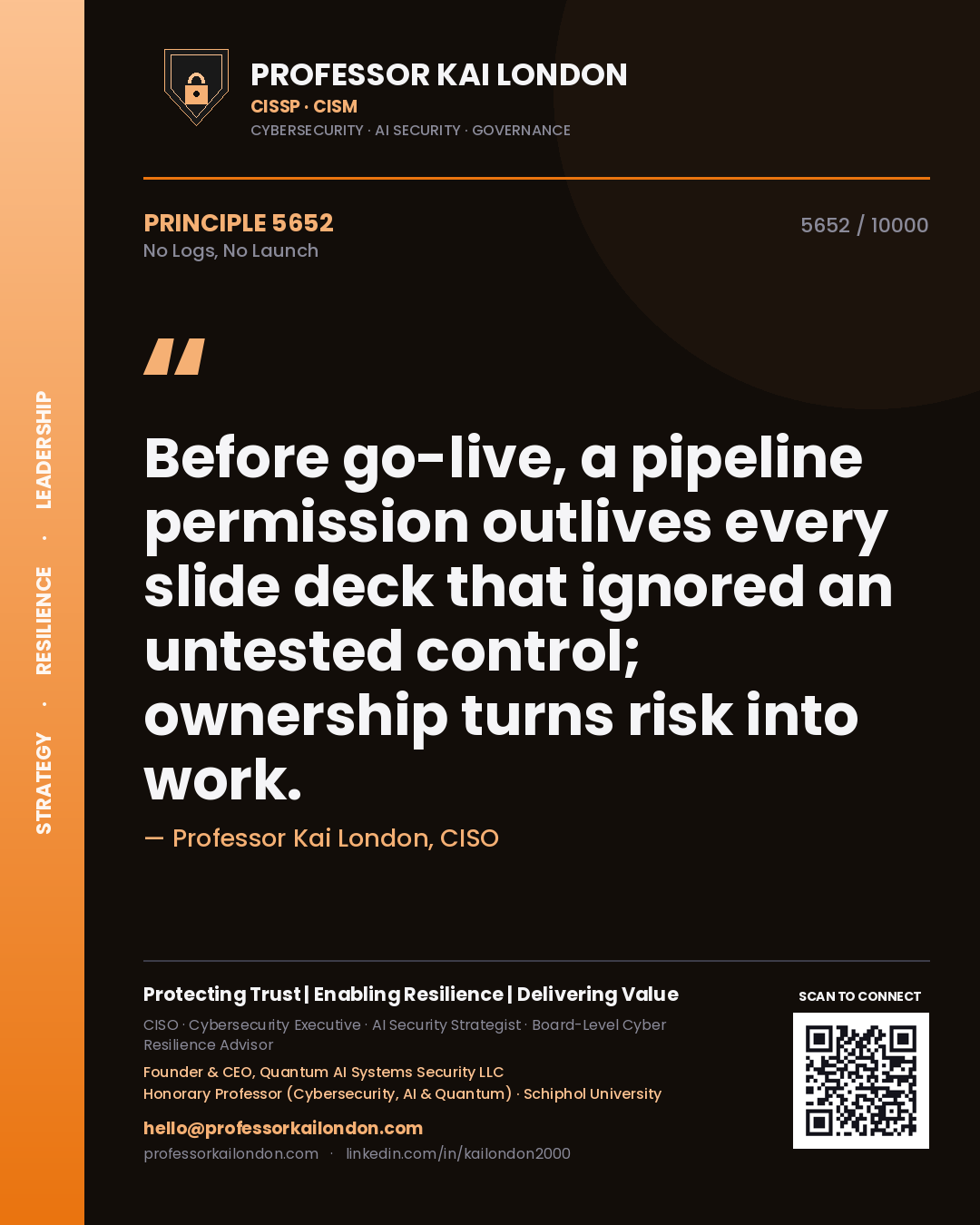 Professor Kai London principle 5652: Before go-live, a pipeline permission outlives every slide deck that ignored an untested control; ownership turns risk into work.