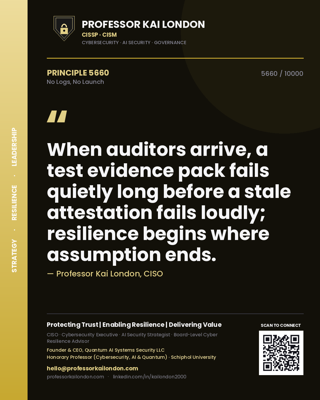 Quote card by Professor Kai London reading 'When auditors arrive, a test evidence pack fails quietly long before a stale attestation fails loudly; resilience begins where assumption ends.'. From the book No Logs, No Launch.