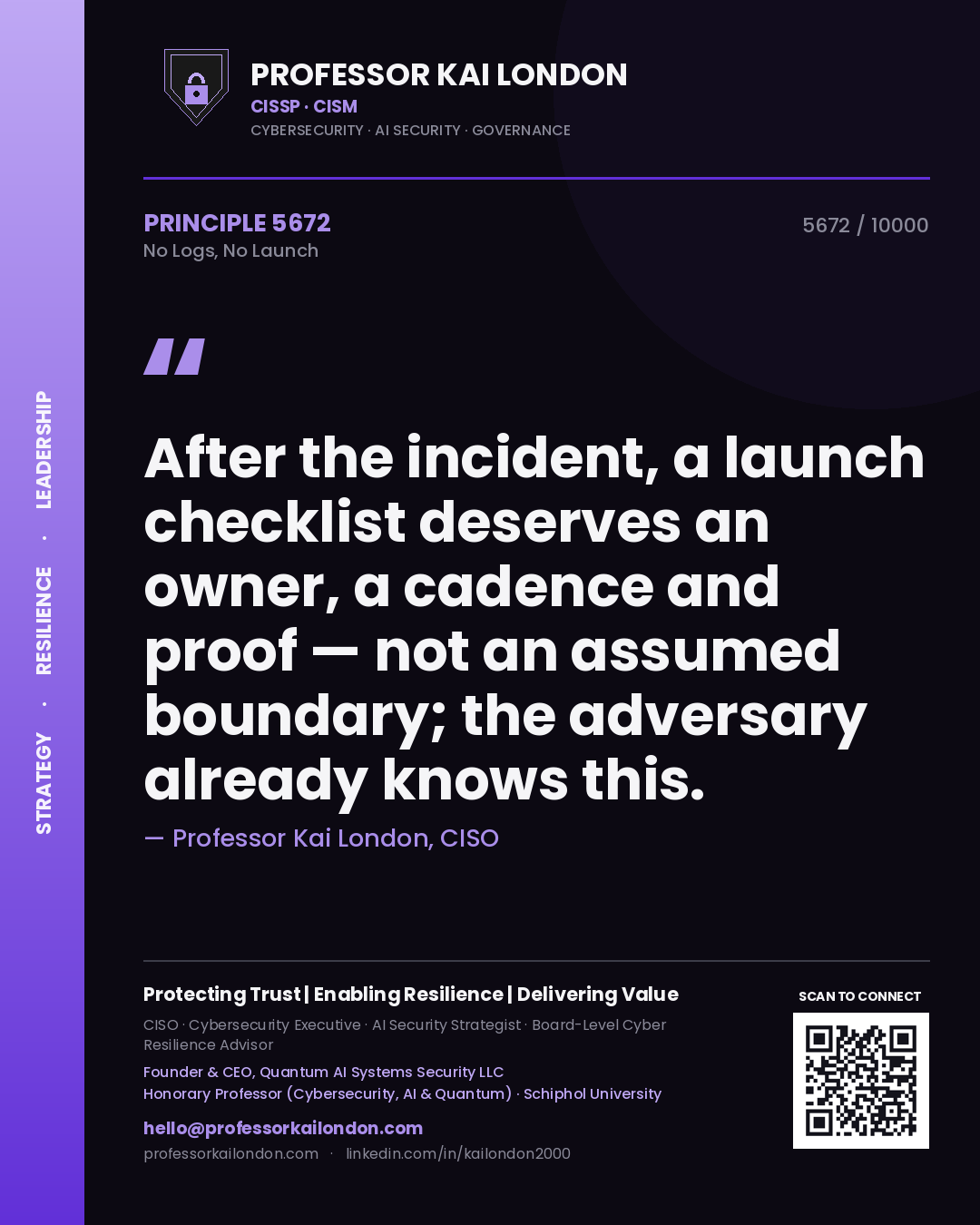 Professor Kai London principle 5672: After the incident, a launch checklist deserves an owner, a cadence and proof — not an assumed boundary; the adversary already knows this.