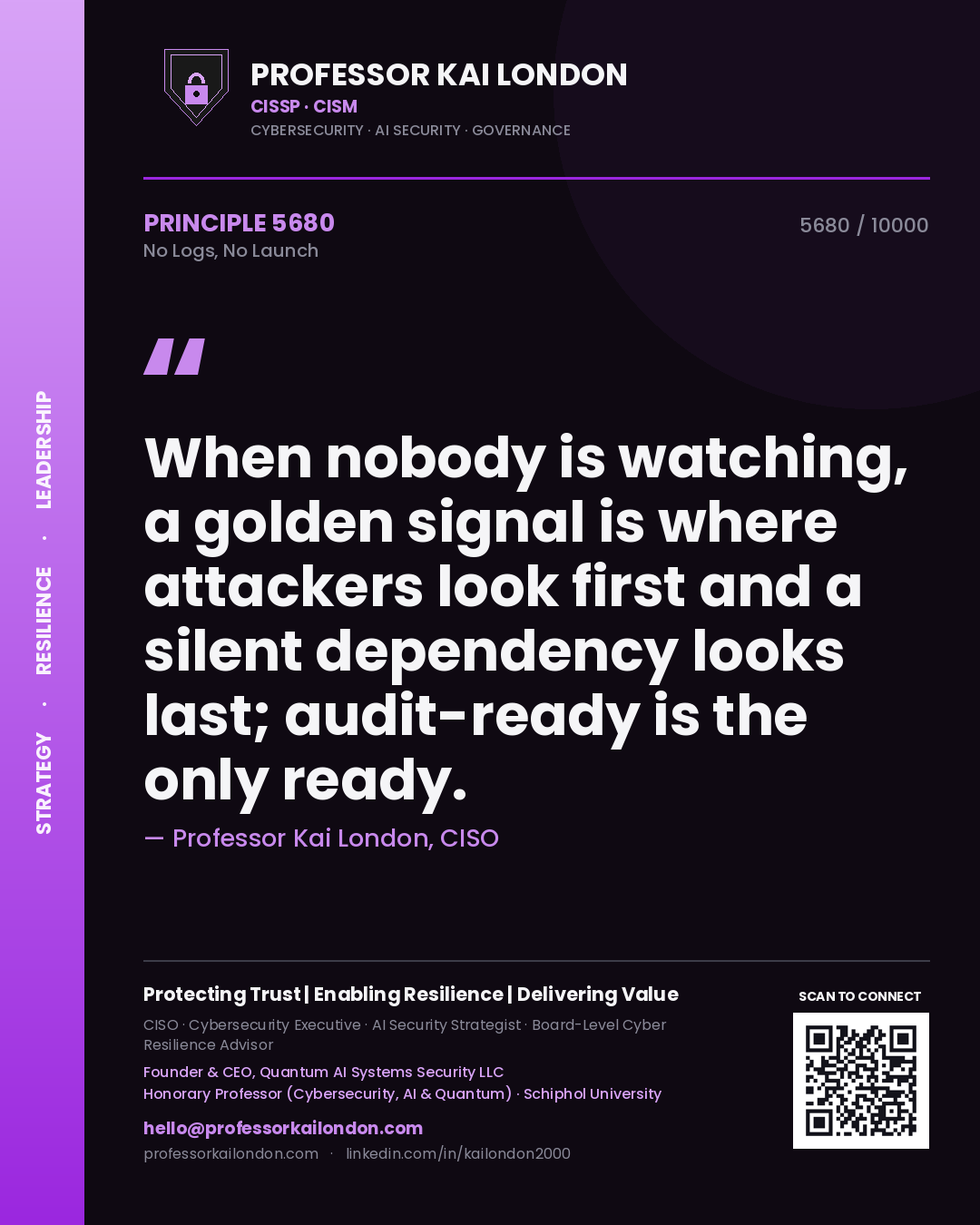 Professor Kai London principle 5680: When nobody is watching, a golden signal is where attackers look first and a silent dependency looks last; audit-ready is the only ready.